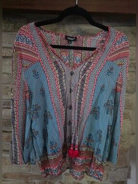 Tolani Blue & Pink Printed Tunic with Tassel Detail
